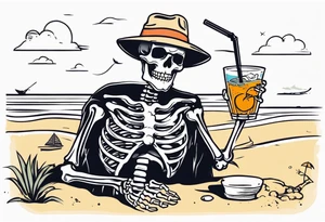 skeleton wearing a button up hawaiian shirt relaxing on the beach with a drink tattoo idea
