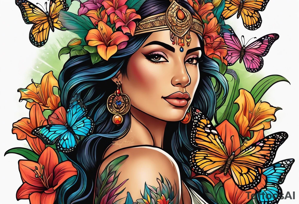 Forward-facing, portrait full length of Hispanic creation goddess standing upright.  Butterflies in background. Lillies near her feet with colorful vegetation. tattoo idea