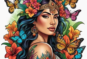 Forward-facing, portrait full length of Hispanic creation goddess standing upright.  Butterflies in background. Lillies near her feet with colorful vegetation. tattoo idea