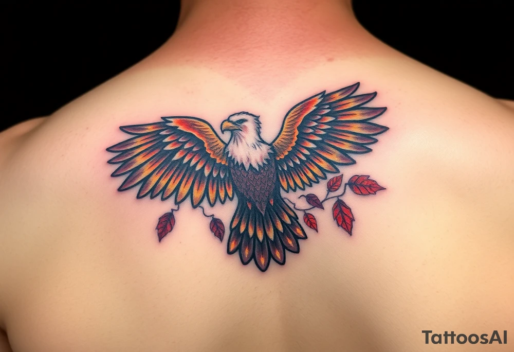 An eagle with a powerful wingspan, with autumn leaves swirling around it, painted in rich earthy tones of brown, red, and orange tattoo idea