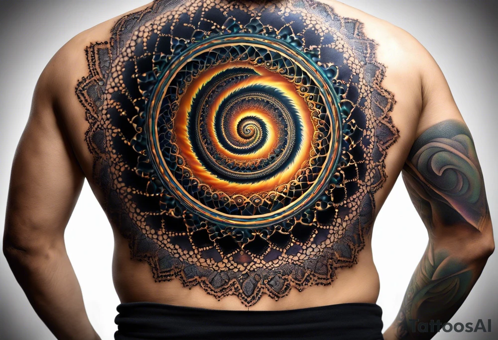 a mesmerizing tattoo featuring the Mandelbrot set. It's all about those intricate, self-similar patterns that repeat endlessly, no matter how much you zoom in. Imagine a delicate spiral of vibrant colors, swirling gracefully on the skin, like a window into the infinite depths of mathematics and artistry. Each curve and loop tells a story of complexity and beauty, inviting the viewer to get lost in its mesmerizing detail. It's not just a tattoo; it's a portal to a world of wonder and fascination tattoo idea