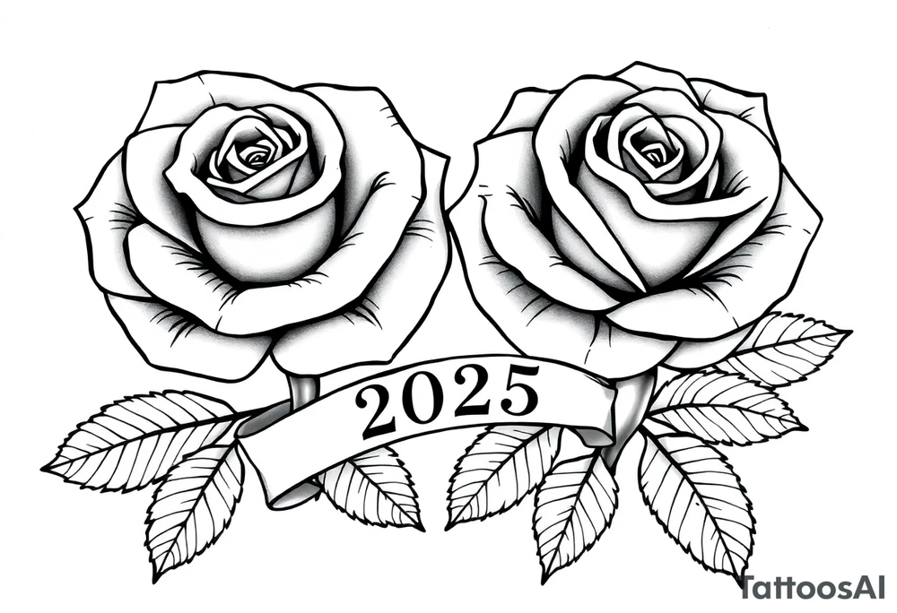two beautiful large rose buds, one larger than the other, with lots and lots of leaves next to the rose buds, with one sitting slightly higher than the other, side-by-side.  Include a banner connecting the two roses with the year 2025 on it.   Use dark outlines with little shading. No stems tattoo idea