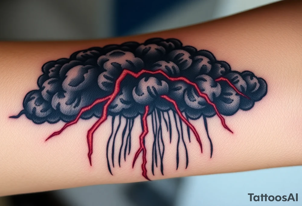 Dark, black menacing storm clouds with creepy red bolts of lightning & heavy rain coming down tattoo idea