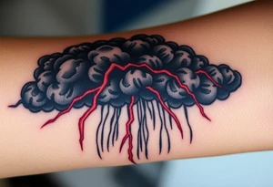 Dark, black menacing storm clouds with creepy red bolts of lightning & heavy rain coming down tattoo idea