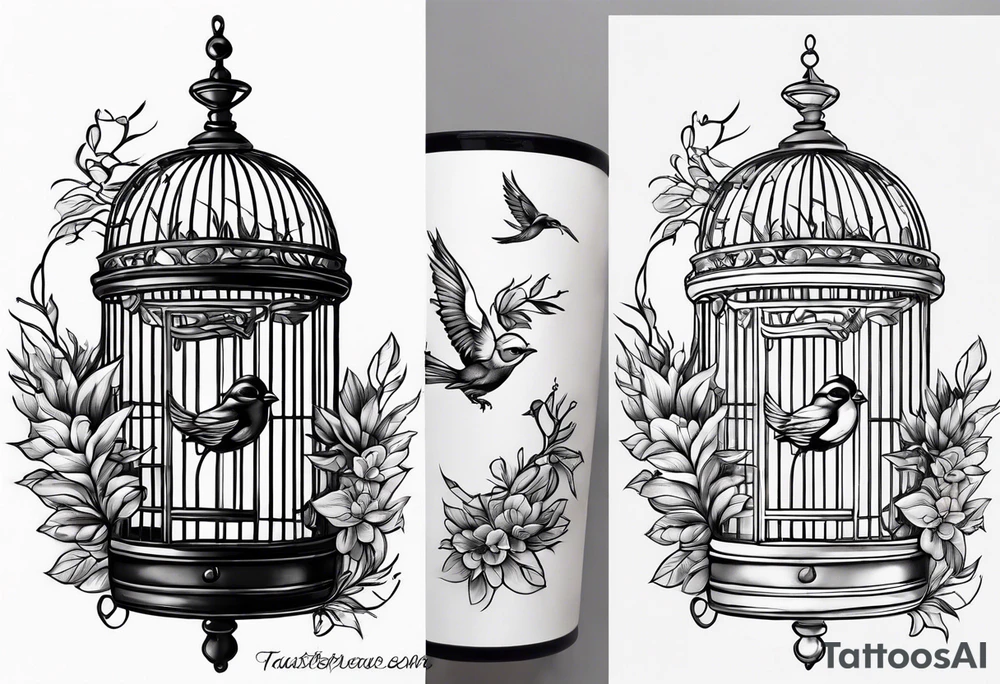 neo traditional foliage on the left top of a bird cage tattoo idea