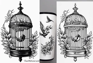 neo traditional foliage on the left top of a bird cage tattoo idea