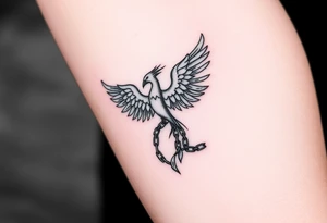 Design a minimalist tattoo: a phoenix or tree breaking chains, symbolizing freedom from addiction and rebirth. Include dates 21.02 and 22.02 subtly. Emphasize self-love, dignity, and inner strength. tattoo idea