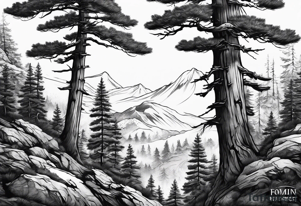 Full back tattoo ancient pine tree Forrest tattoo idea