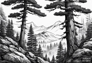 Full back tattoo ancient pine tree Forrest tattoo idea