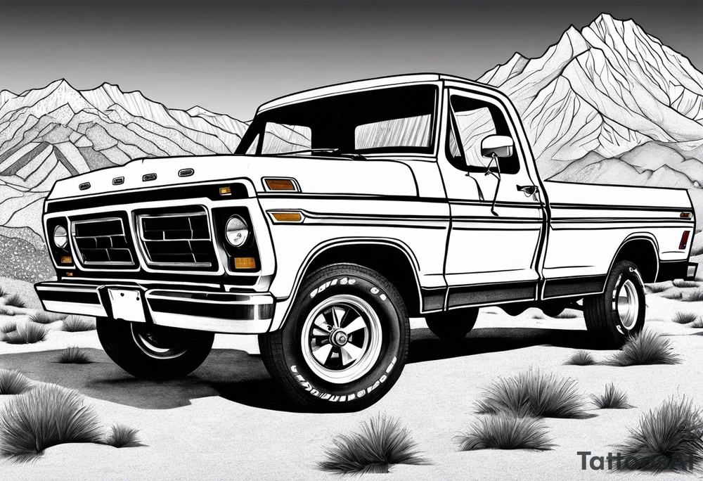 1974 ford f-100 in front of mountains tattoo idea