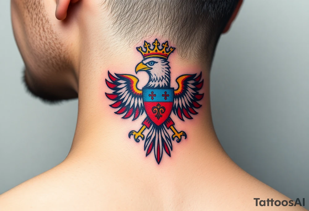A majestic red and white Moravian eagle with golden crown on its head with a blue shield tattoo idea