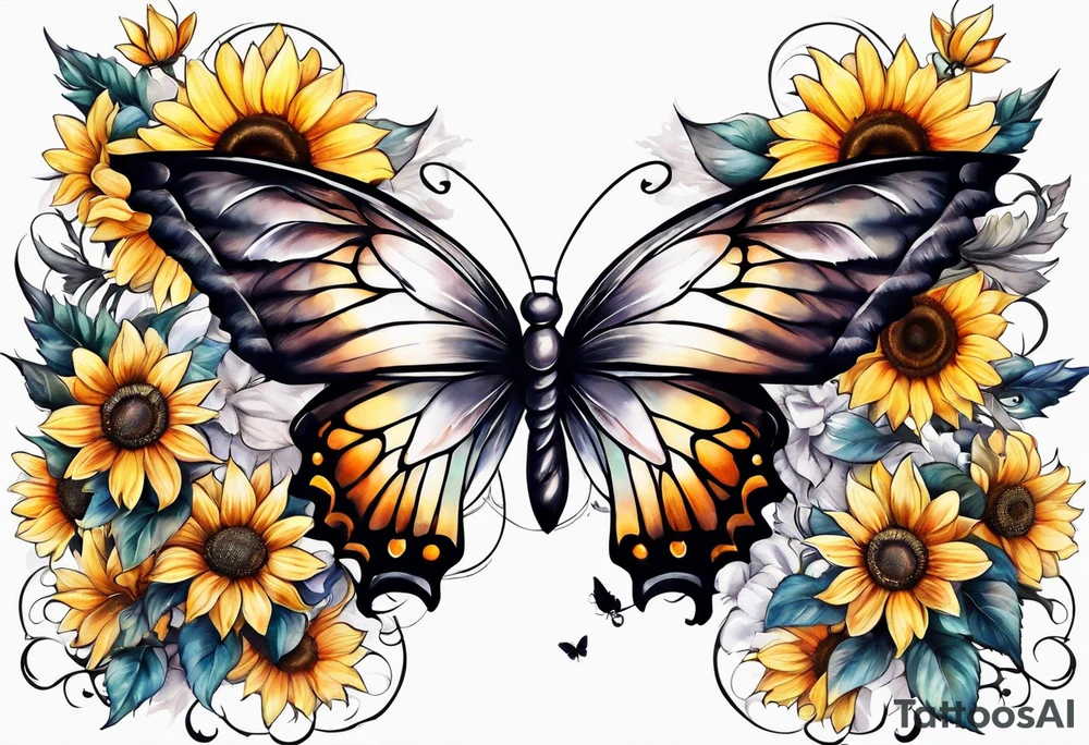 Sleeve with angel wings, sunflower and butterfly tattoo idea
