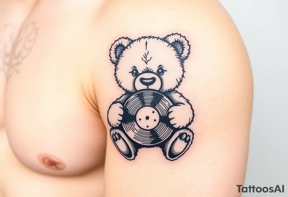 masculine teddy bear holding a vinyl record tattoo idea