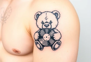 masculine teddy bear holding a vinyl record tattoo idea