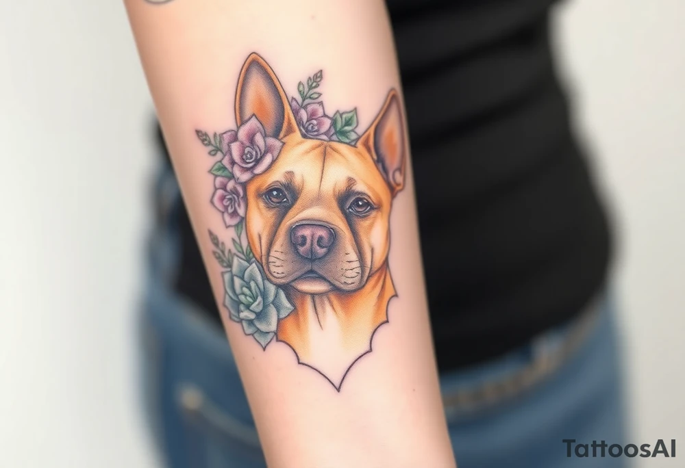 tan staffie with succulents and flowers surrounding her head tattoo idea