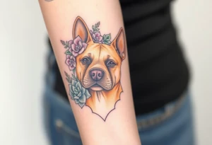tan staffie with succulents and flowers surrounding her head tattoo idea
