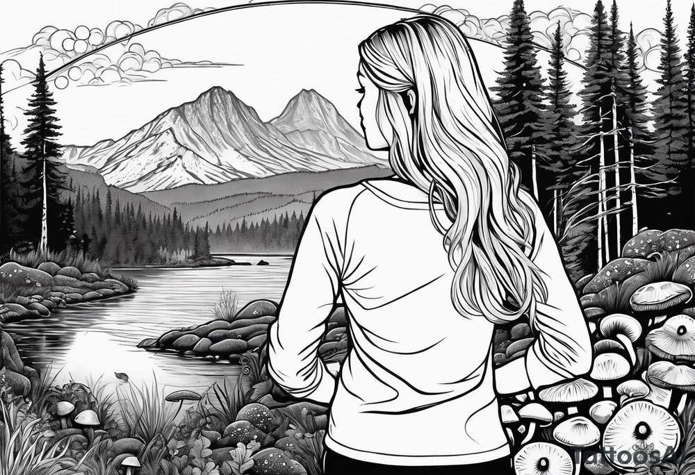 Whole picture encircled fully

Straight long blonde hair hippie girl in distance holding mushrooms in hand facing away toward mountains and creek surrounded by mushrooms long sleeve shirt and hiking pants; whole rendering within a full circle, no cut off circle tattoo idea