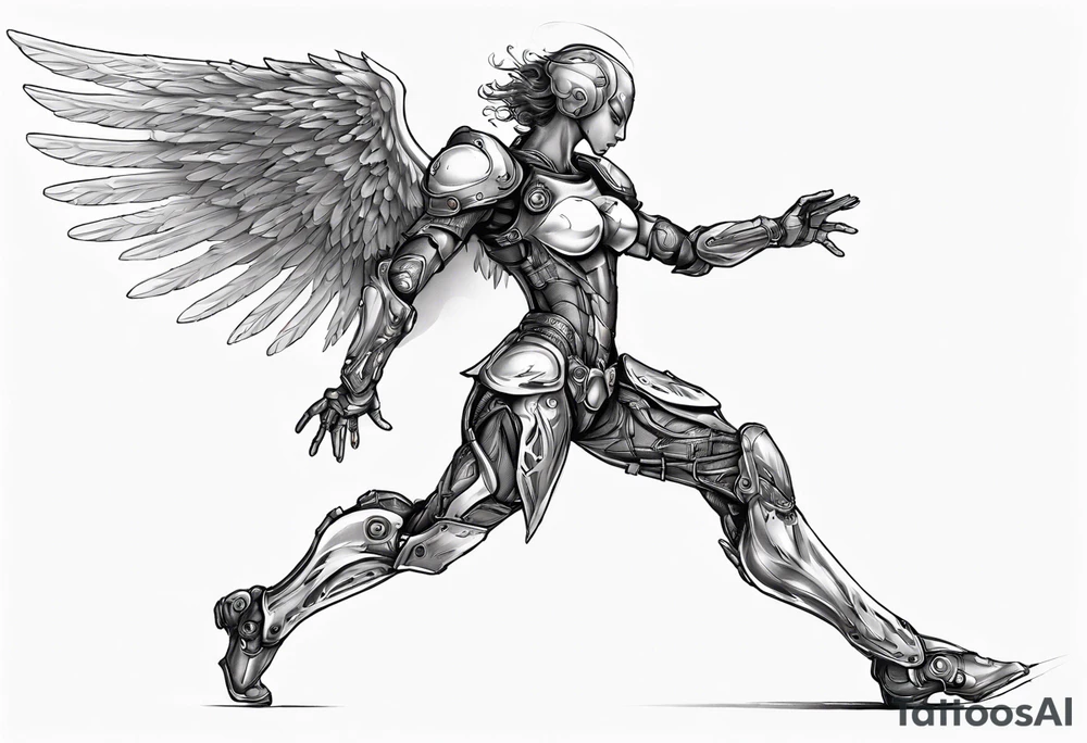 Side view of an angel wearing inorganic armor that is in mid-air in attack position. tattoo idea