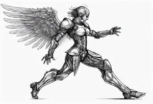 Side view of an angel wearing inorganic armor that is in mid-air in attack position. tattoo idea