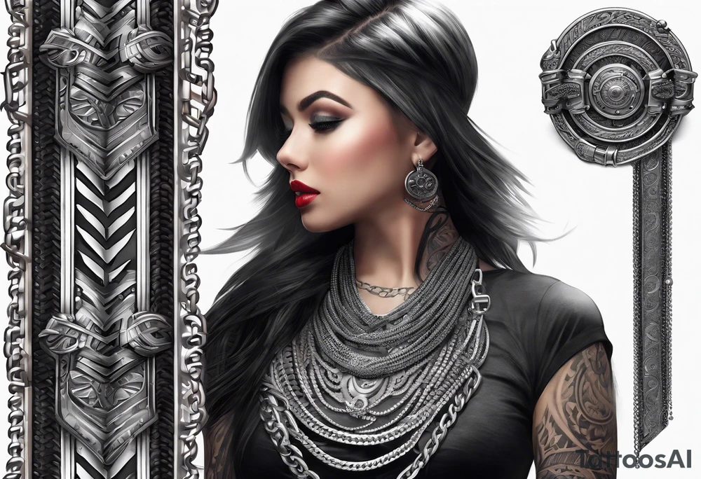 Full Arm sleeve, black, gray, silver, red, subtle motorcycle chain tattoo idea