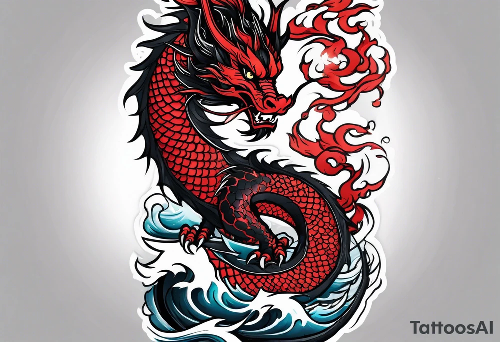 dragon irezumi arm sleeve in black and red with water and lightning tattoo idea