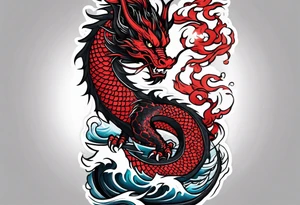dragon irezumi arm sleeve in black and red with water and lightning tattoo idea