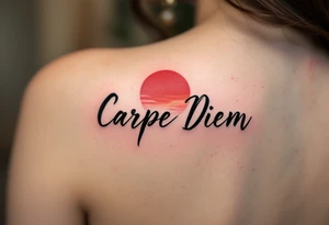 Brushstroke-style black text of "Carpe Diem" paired with a crimson Japanese sun above it. tattoo idea