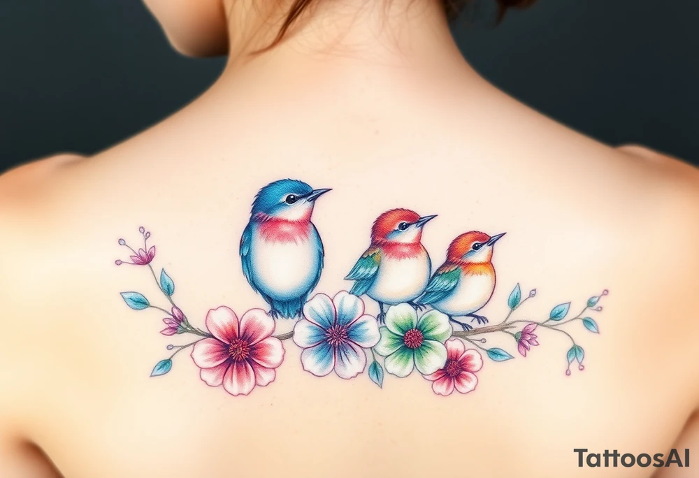 Mom bird and three baby birds with flowers tattoo idea
