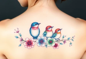 Mom bird and three baby birds with flowers tattoo idea