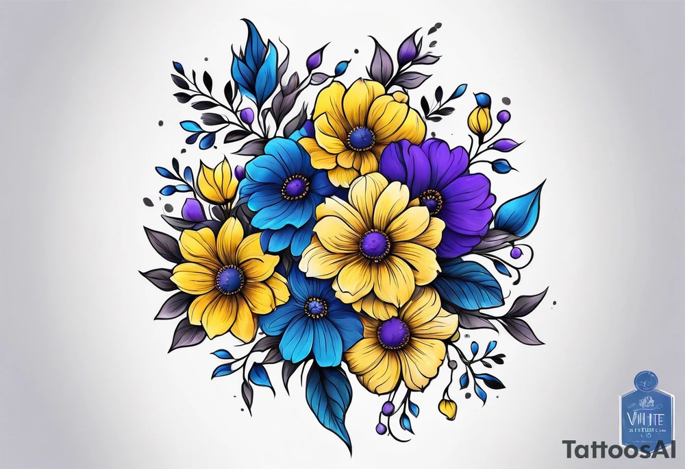 Blue yellow and purple flowers arm sleeve tattoo idea