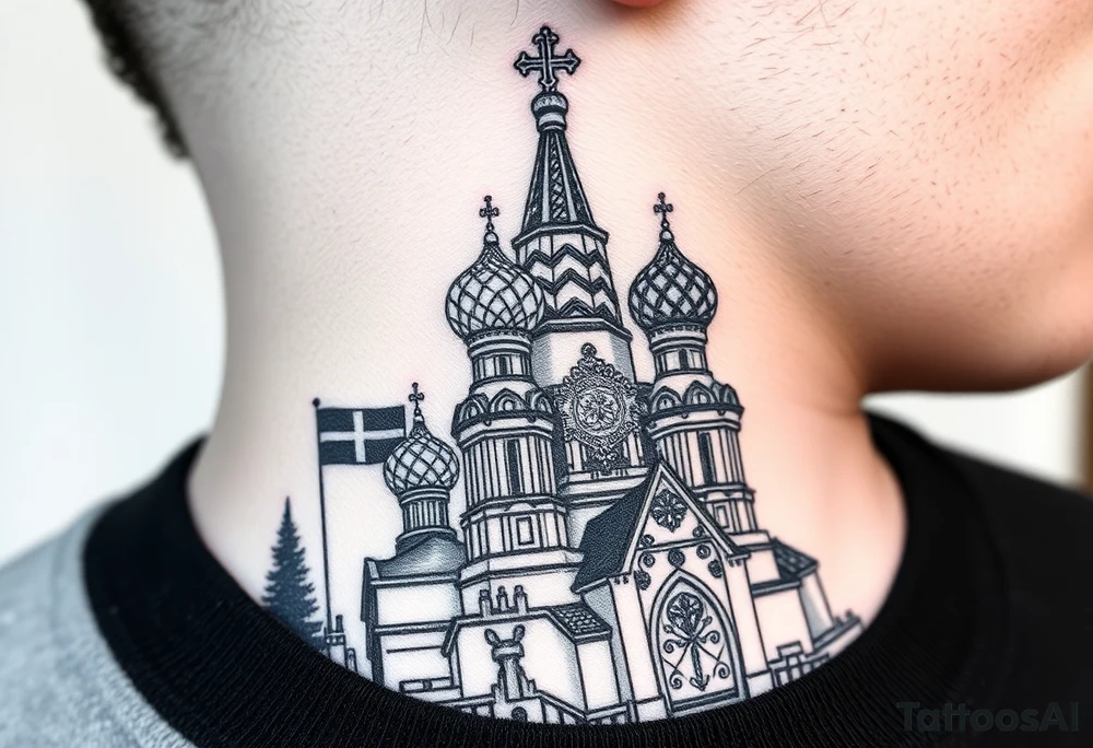 St. Basil's Cathedral scene with a christian orthodox in a ak47 style with a beaded orthodox thurible chain tattoo idea