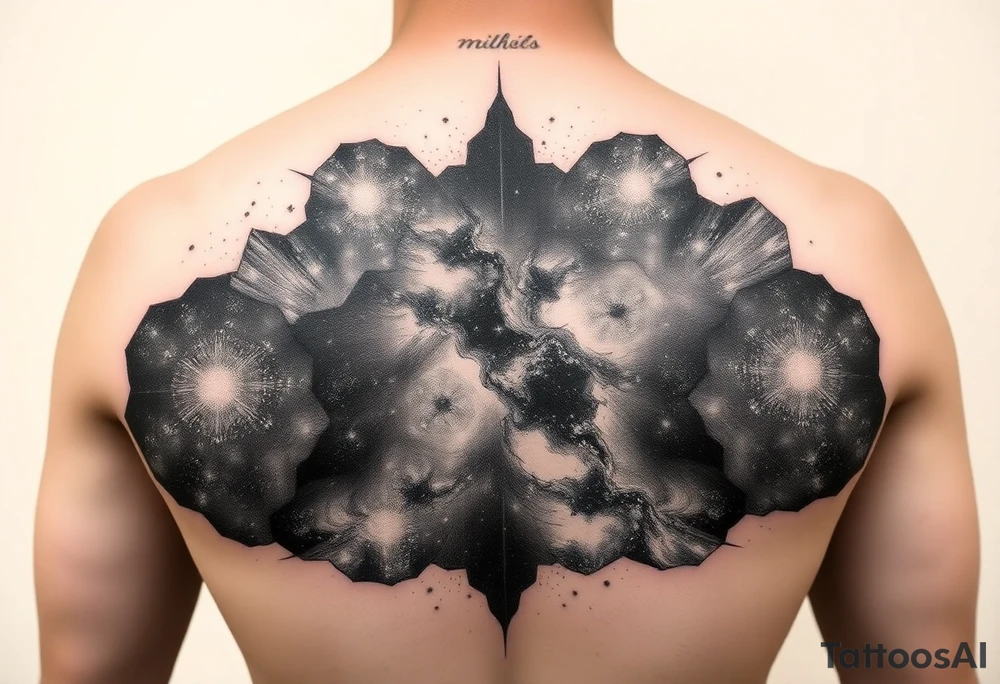full milky way that covers the upper middle back and is geometric or negative space tattoo idea