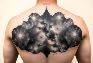 full milky way that covers the upper middle back and is geometric or negative space tattoo idea