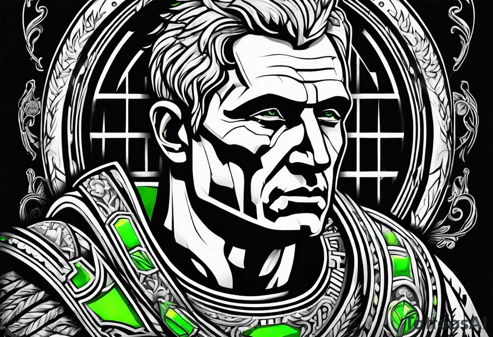 Julius Caesar tattoo with streaks of neon green lightning in the background tattoo idea