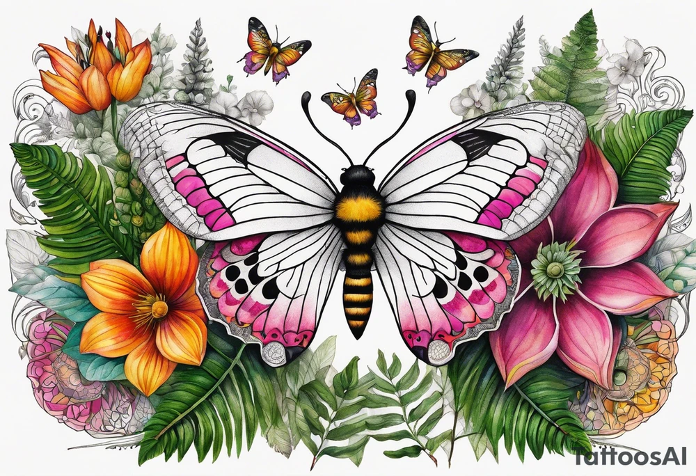 Botanical garden with ferns, white, green, orange, yellow, pink, Fuschia, Madagascan  moth, bee, mandalas, colorful, boho tattoo idea