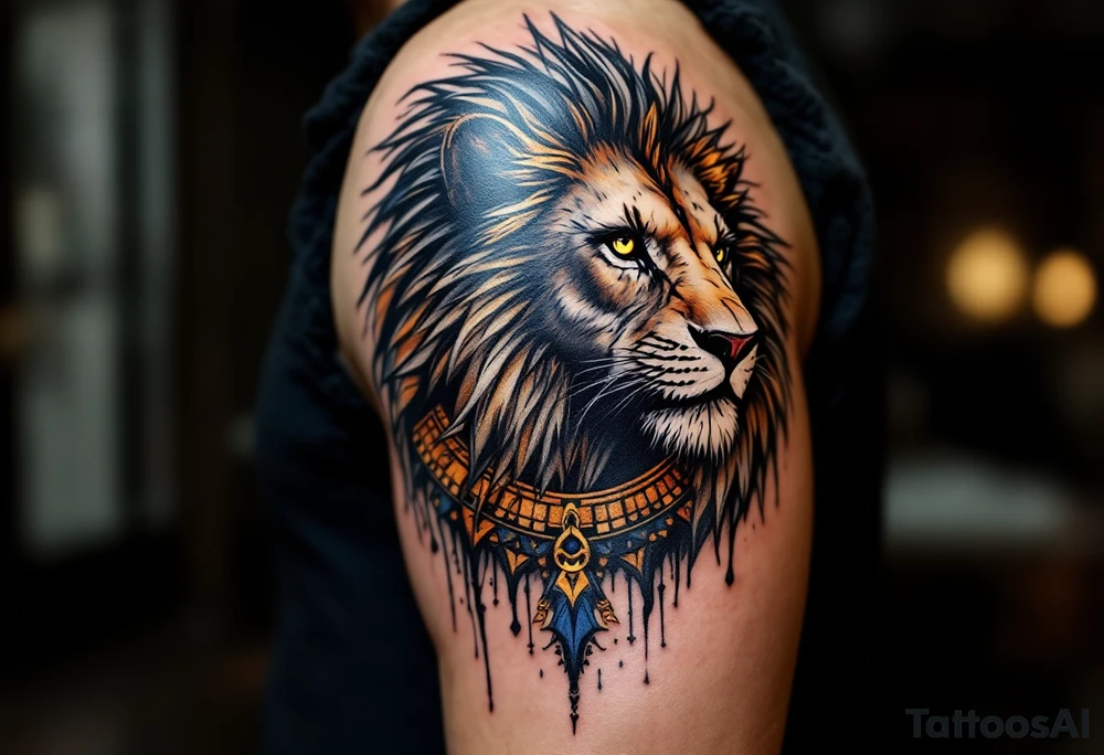 egyptian themed lion (red and black) tattoo idea