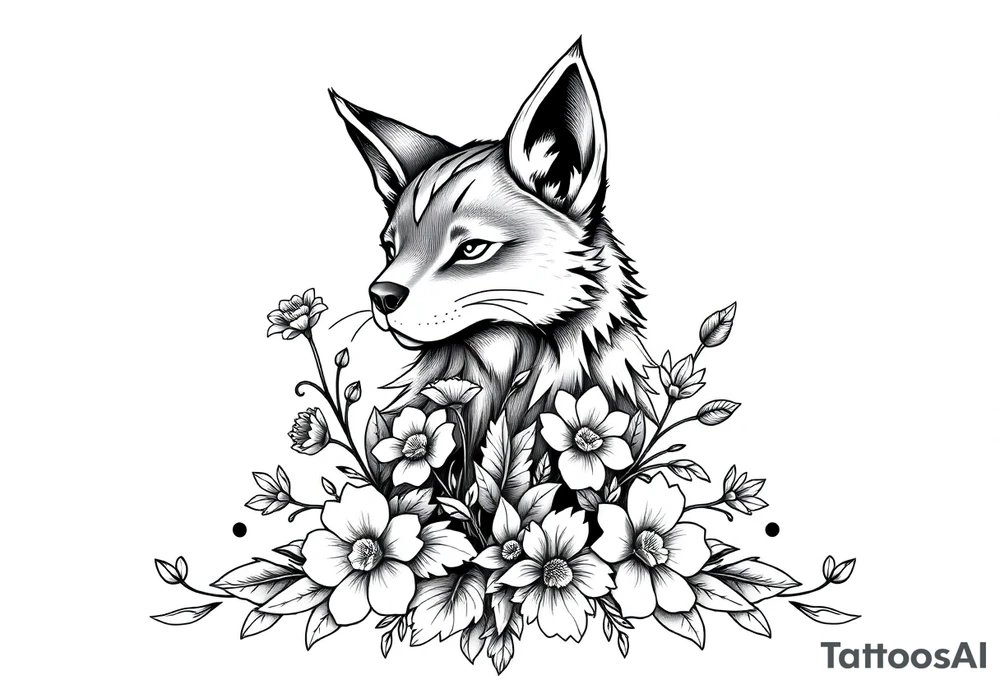 pCREATE A FURRY TATTOO DESIGN FURSONA ANTROPOMORPHIC IMAGE FOR ANTIFACIST LIBERAL WITH FLOWERS AND PLANTS GROWING FROM THE FURSONA tattoo idea