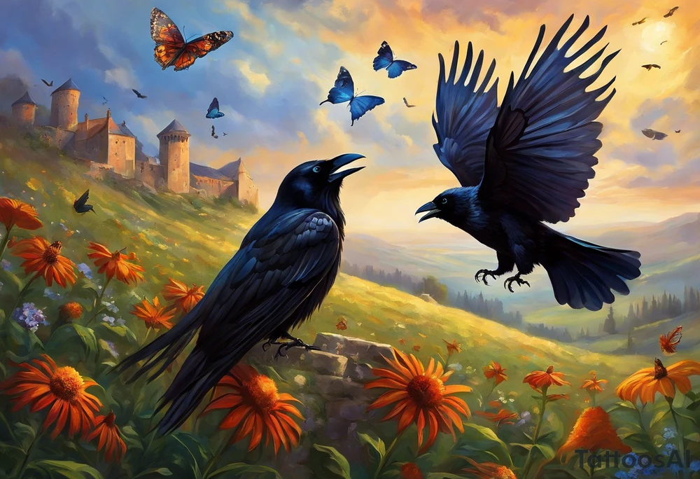 A butterfly flies towards the sky. Below the butterfly, a raven flies towards the sky. 
The butterfly and the raven are the same size
In the background is the name Malia.
In the background is the name SKF.
The number 89 can be seen in the background.
There is also a scorpion in the wing of the butterfly. tattoo idea