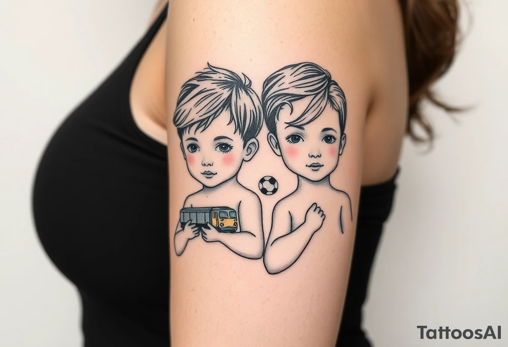 two small boys with their mother behind them a small train toy and a small football toy. tattoo idea
