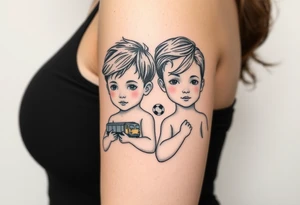 two small boys with their mother behind them a small train toy and a small football toy. tattoo idea
