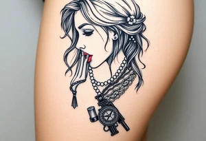 Profile of woman with messy hair 
, hand on chin, pearls hanging from mouth , lace, lipstick,  compass and gun near by tattoo idea