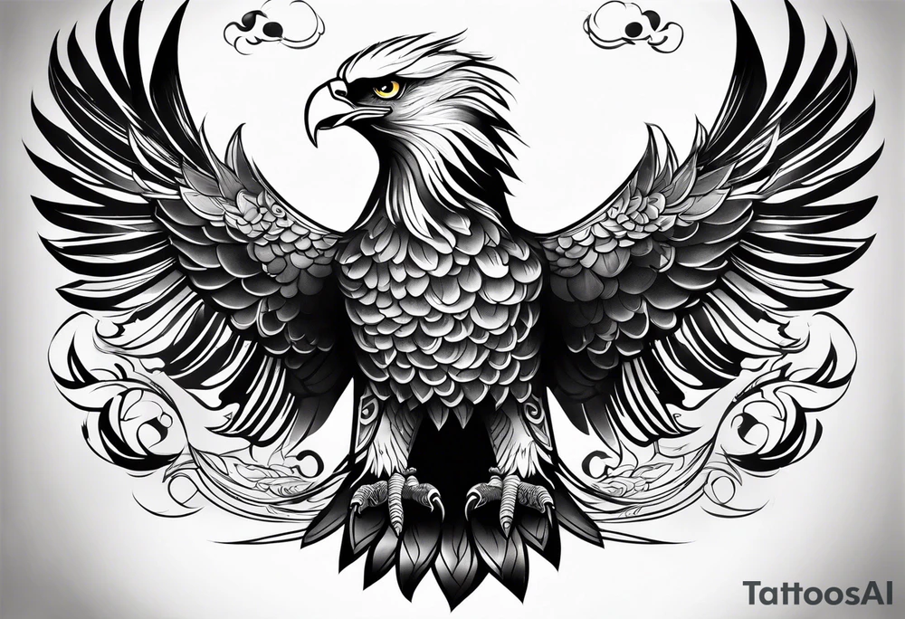 Japanese leg sleeve eagle with black swirl filler tattoo idea