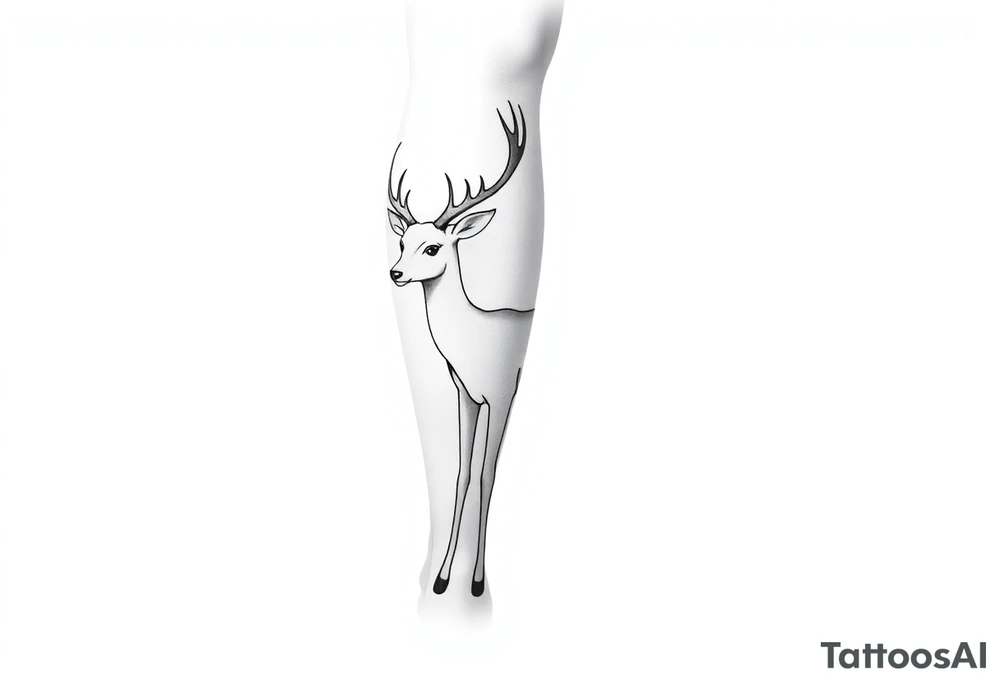 Can you make me a mock up tattoo of a deer on a human shin, I want the tattoo to capture the innocence, attentiveness, and the beauty of the deer. Keep it simple and minimalist and have the antlers wrapping around from the shin to the sides of the calf tattoo idea