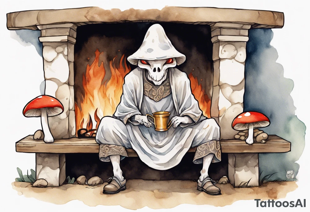 a mushroom-creature wearing a  medieval tunic sitting on a bench by a fireplace drinking from a wood cup, laughing tattoo idea