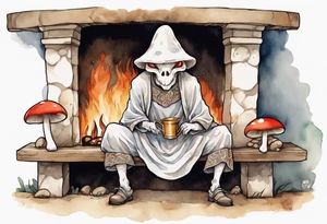 a mushroom-creature wearing a  medieval tunic sitting on a bench by a fireplace drinking from a wood cup, laughing tattoo idea