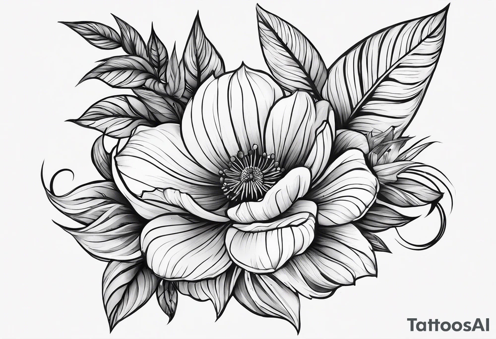 shoulder tattoo that have flowers, leaves, stems that go down the back, down the side arm, and towards the collarbone. i also want “no rain no flowers” included somewhere tattoo idea