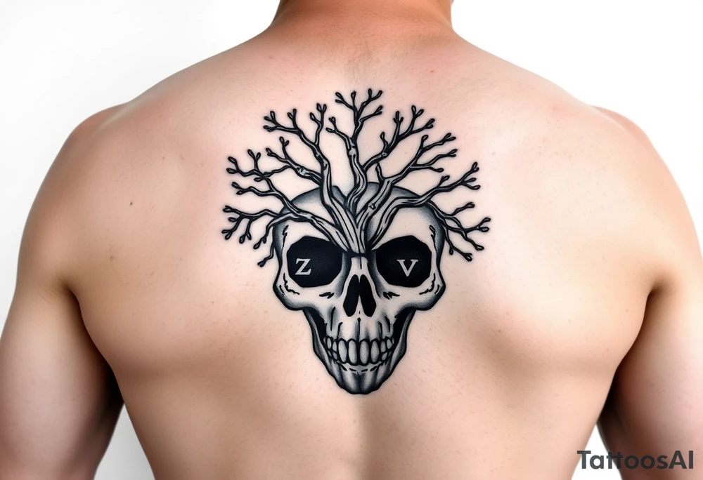 Plain black and white Mexican skull with inside a tree of life and two letter Z and V visible with the blank spaces of the branches tattoo idea