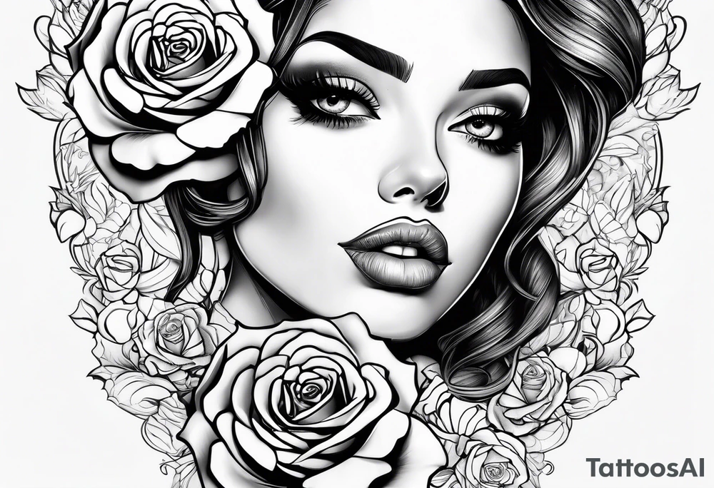 Beautiful woman roses full head tattoo idea