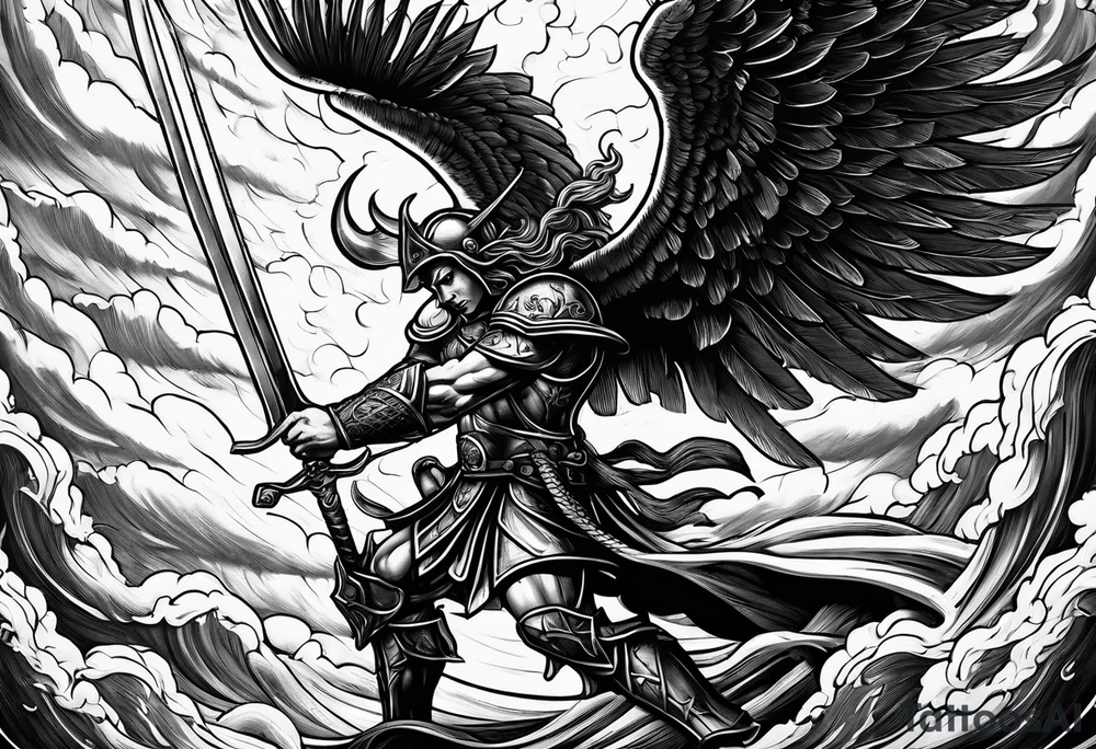 Saint Michael spearing the devil with stormy rain clouds lightning tattoo idea Saint Michael spearing the devil with stormy rain clouds lightning tattoo idea
