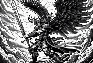 Saint Michael spearing the devil with stormy rain clouds lightning tattoo idea